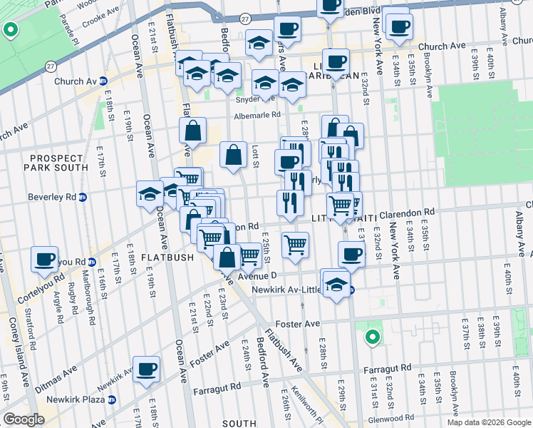 map of restaurants, bars, coffee shops, grocery stores, and more near 255 East 25th Street in Brooklyn