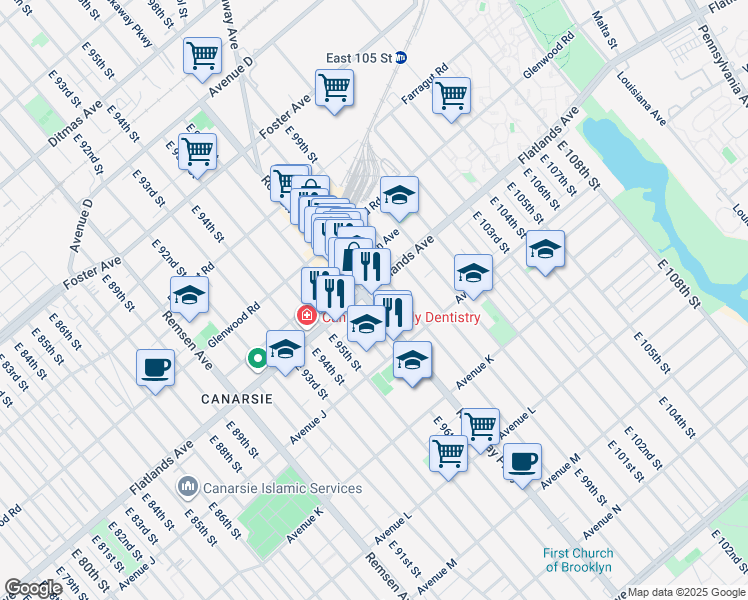 map of restaurants, bars, coffee shops, grocery stores, and more near 9719 Flatlands Avenue in Brooklyn