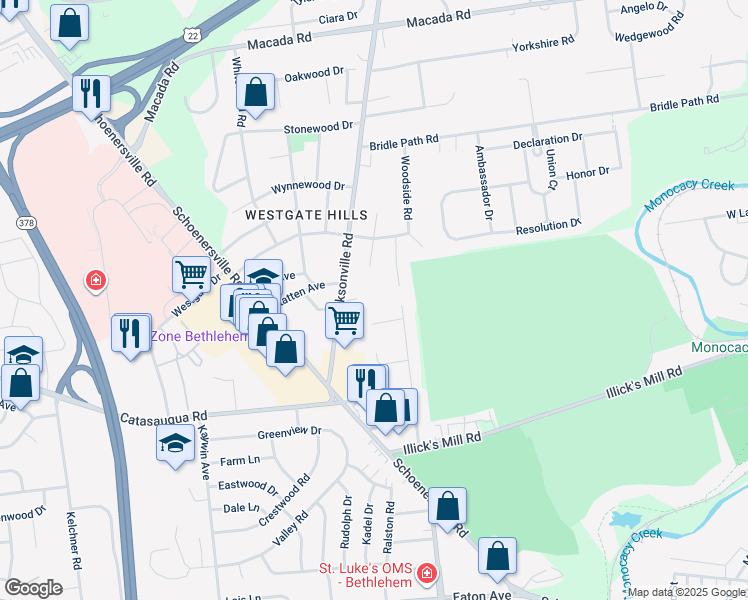 map of restaurants, bars, coffee shops, grocery stores, and more near 2396 Jacksonville Road in Bethlehem