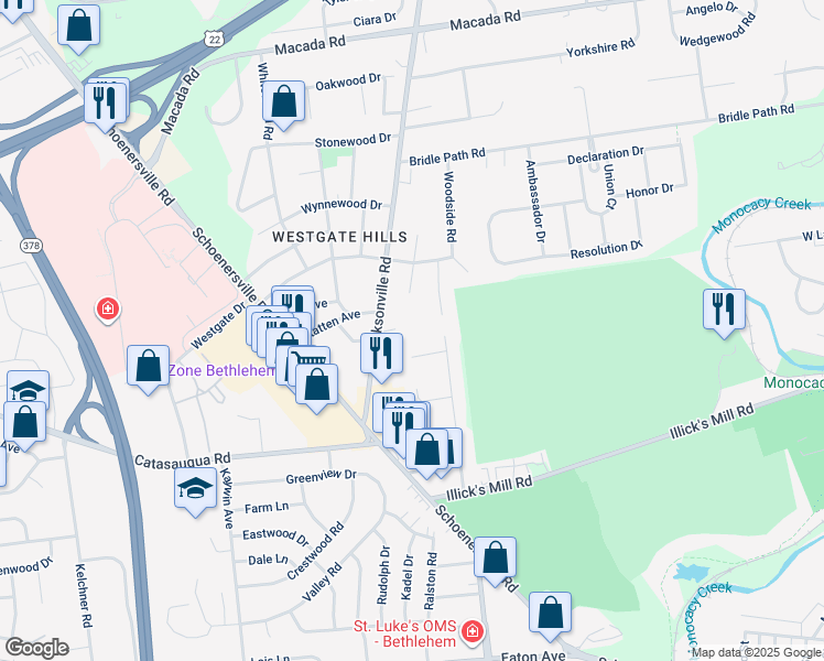 map of restaurants, bars, coffee shops, grocery stores, and more near 2396 Jacksonville Road in Bethlehem