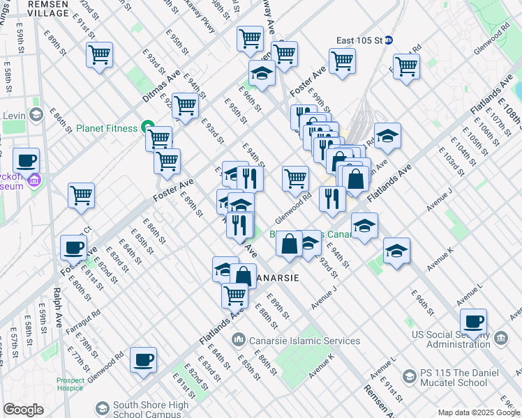 map of restaurants, bars, coffee shops, grocery stores, and more near 1061 East 92nd Street in Brooklyn