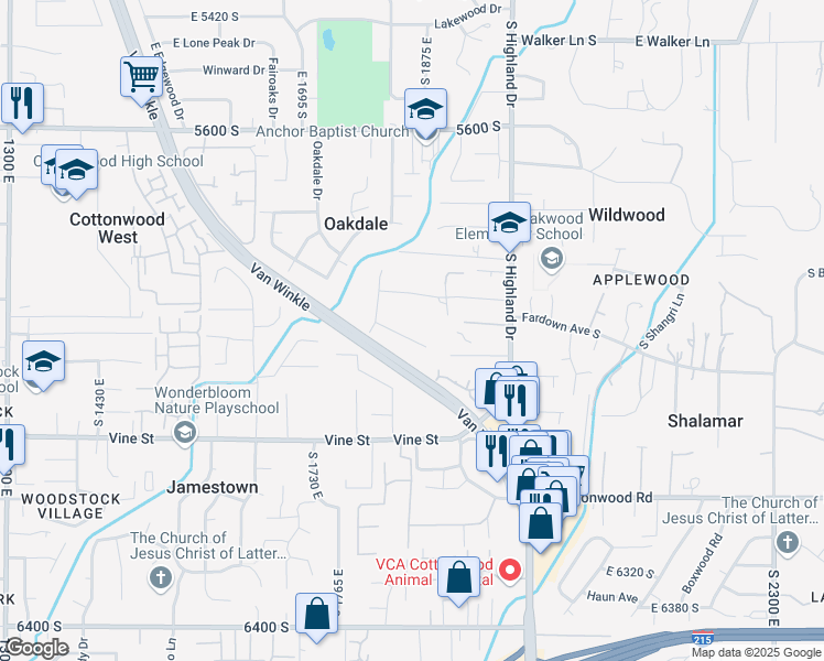 map of restaurants, bars, coffee shops, grocery stores, and more near 1879 East Delann Lane in Holladay