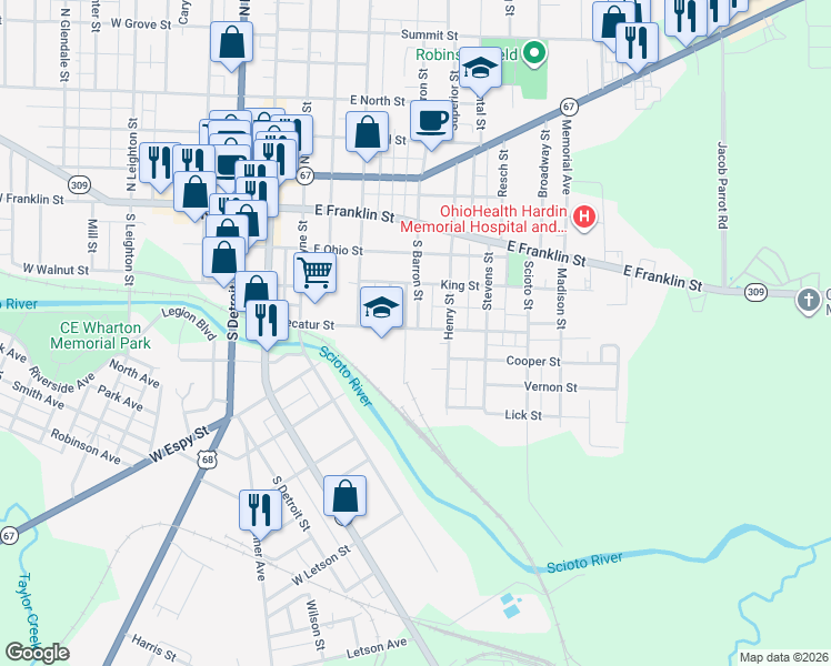 map of restaurants, bars, coffee shops, grocery stores, and more near 354 S Barron St in Kenton