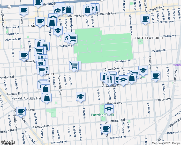 map of restaurants, bars, coffee shops, grocery stores, and more near 3801 Clarendon Road in Brooklyn