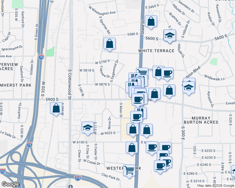 map of restaurants, bars, coffee shops, grocery stores, and more near 5889 South Sagewood Drive in Murray