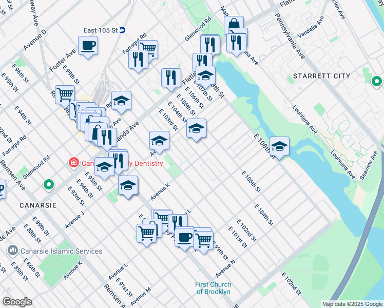map of restaurants, bars, coffee shops, grocery stores, and more near 1070 East 104th Street in Brooklyn