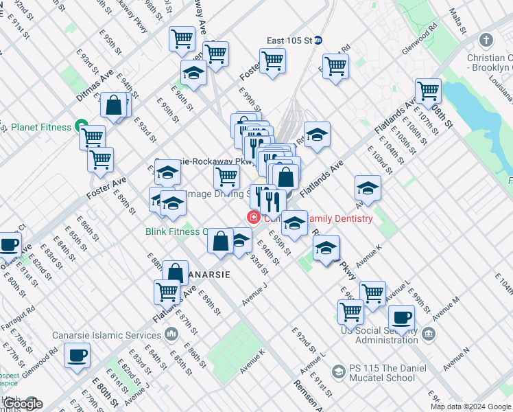 map of restaurants, bars, coffee shops, grocery stores, and more near 9512 Glenwood Road in Brooklyn
