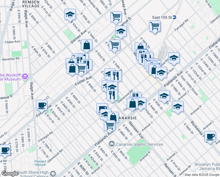 map of restaurants, bars, coffee shops, grocery stores, and more near 9202 Farragut Road in Brooklyn