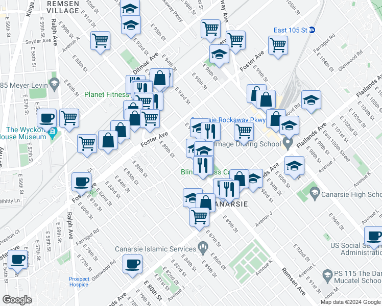 map of restaurants, bars, coffee shops, grocery stores, and more near 1023 Remsen Avenue in Brooklyn