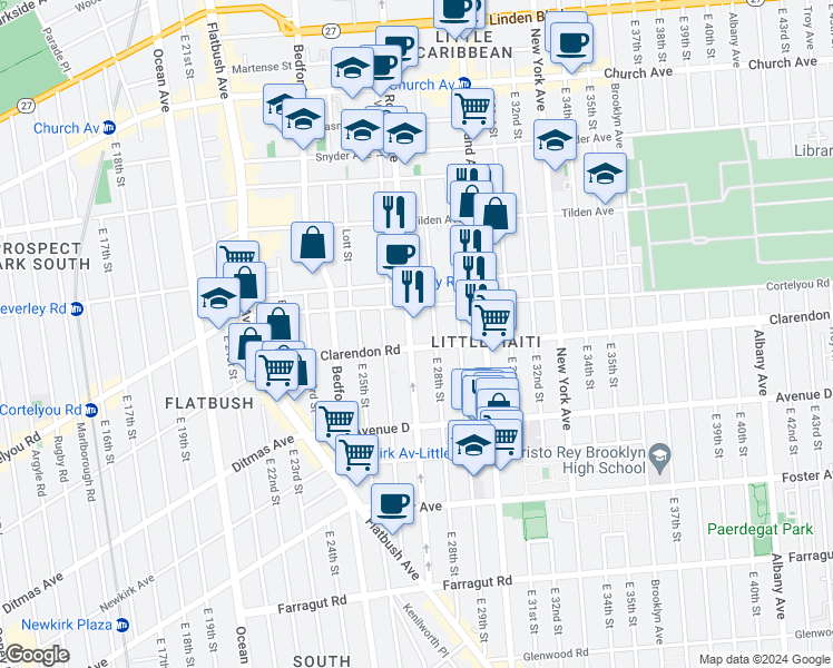 map of restaurants, bars, coffee shops, grocery stores, and more near 1069 Rogers Avenue in Brooklyn