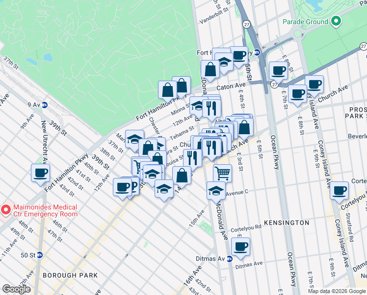 map of restaurants, bars, coffee shops, grocery stores, and more near 28 Clara Street in Brooklyn