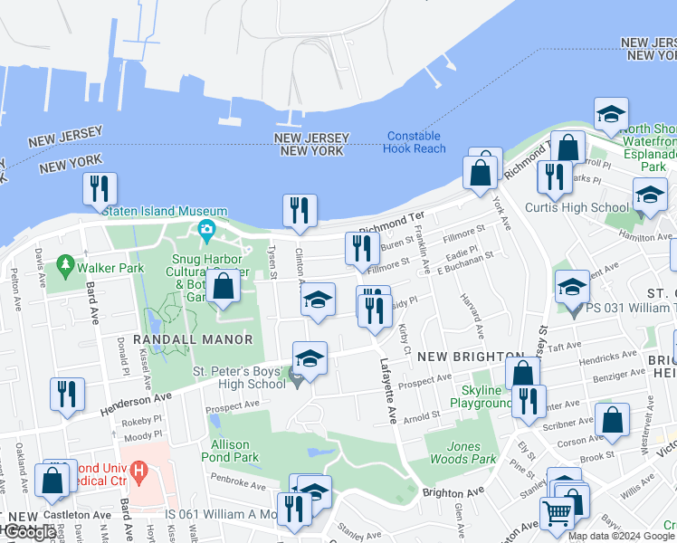 map of restaurants, bars, coffee shops, grocery stores, and more near 241 Van Buren Street in Staten Island
