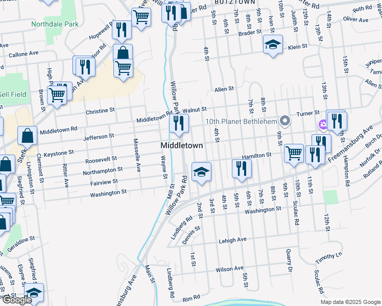 map of restaurants, bars, coffee shops, grocery stores, and more near 1929 2nd Street in Bethlehem