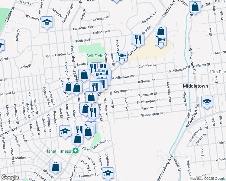 map of restaurants, bars, coffee shops, grocery stores, and more near 2730 Jefferson Street in Bethlehem