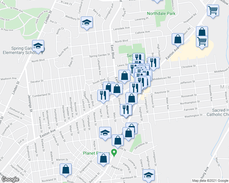map of restaurants, bars, coffee shops, grocery stores, and more near 2131 East Boulevard in Bethlehem