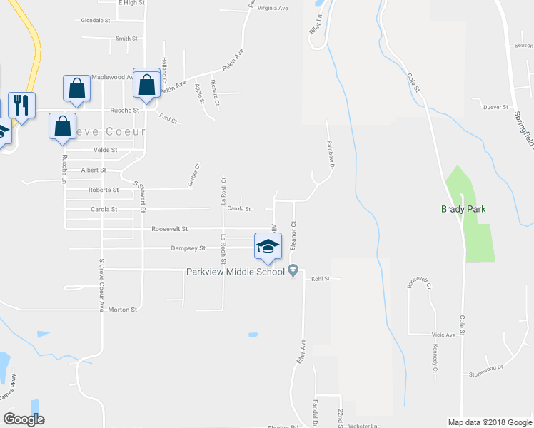 map of restaurants, bars, coffee shops, grocery stores, and more near 704 Carola Street in Creve Coeur