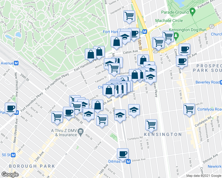 map of restaurants, bars, coffee shops, grocery stores, and more near Dahill Road & Louisa Street in Brooklyn