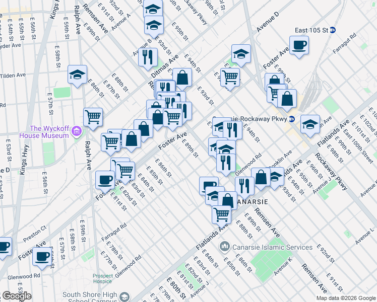 map of restaurants, bars, coffee shops, grocery stores, and more near 535 East 89th Street in Brooklyn