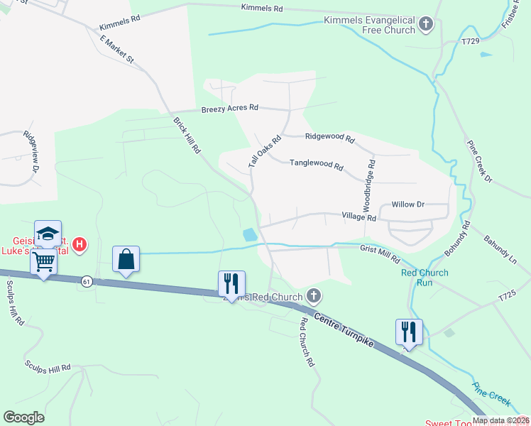 map of restaurants, bars, coffee shops, grocery stores, and more near 205 Village Road in Orwigsburg