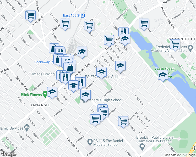 map of restaurants, bars, coffee shops, grocery stores, and more near East 100th Street in Brooklyn