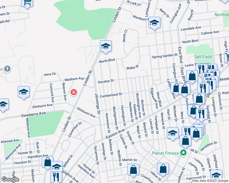 map of restaurants, bars, coffee shops, grocery stores, and more near 2210 Montgomery Street in Bethlehem