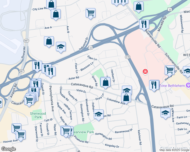 map of restaurants, bars, coffee shops, grocery stores, and more near in Bethlehem