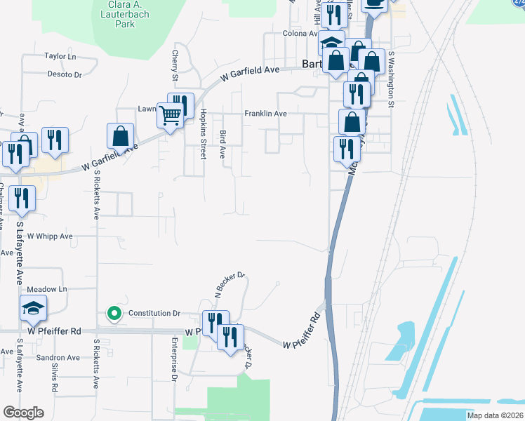 map of restaurants, bars, coffee shops, grocery stores, and more near 410 Bird Avenue in Bartonville