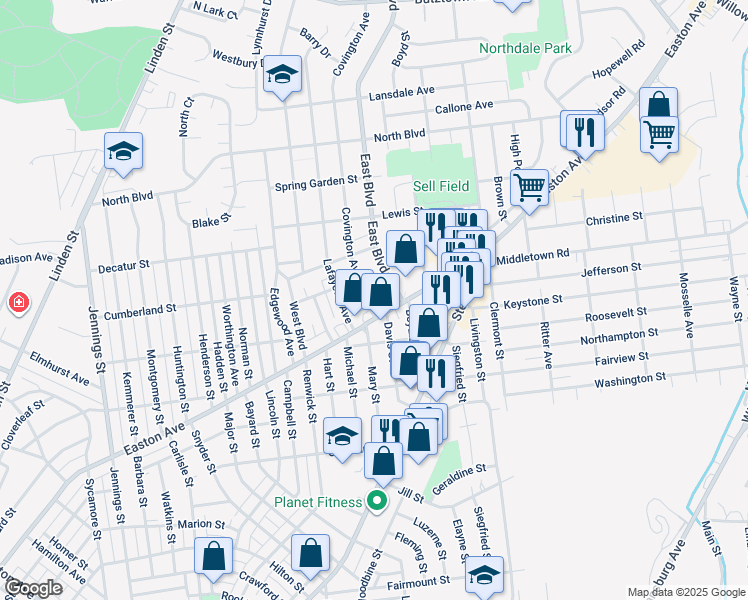 map of restaurants, bars, coffee shops, grocery stores, and more near 2131 East Boulevard in Bethlehem