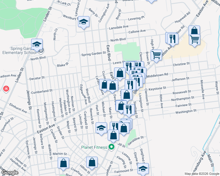 map of restaurants, bars, coffee shops, grocery stores, and more near 2116 Covington Avenue in Bethlehem