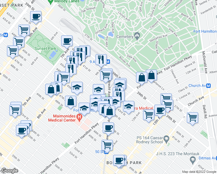 map of restaurants, bars, coffee shops, grocery stores, and more near 952 41st Street in Brooklyn