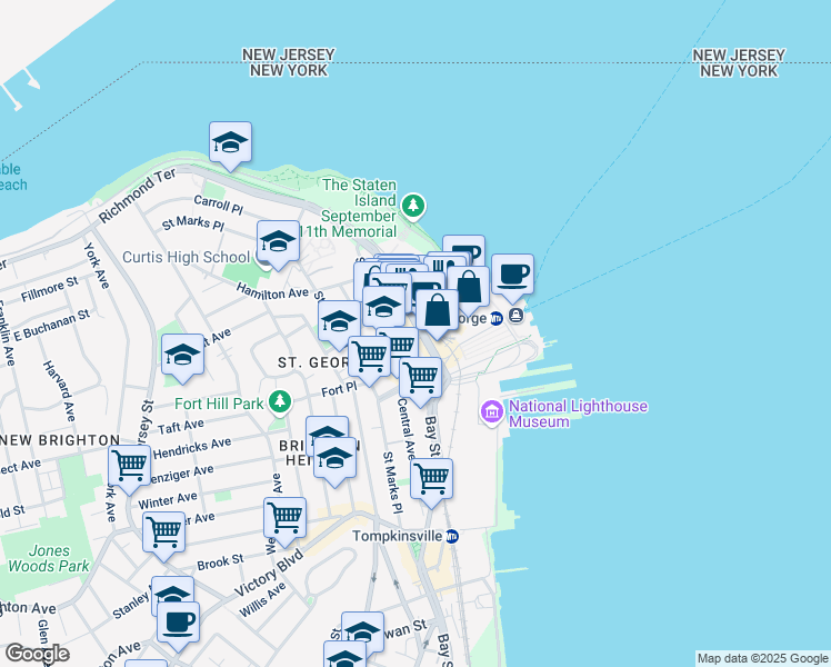 map of restaurants, bars, coffee shops, grocery stores, and more near 32 Richmond Terrace in Staten Island