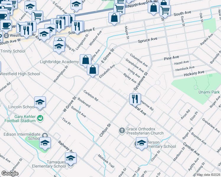 map of restaurants, bars, coffee shops, grocery stores, and more near 111 Laurel Place in Westfield