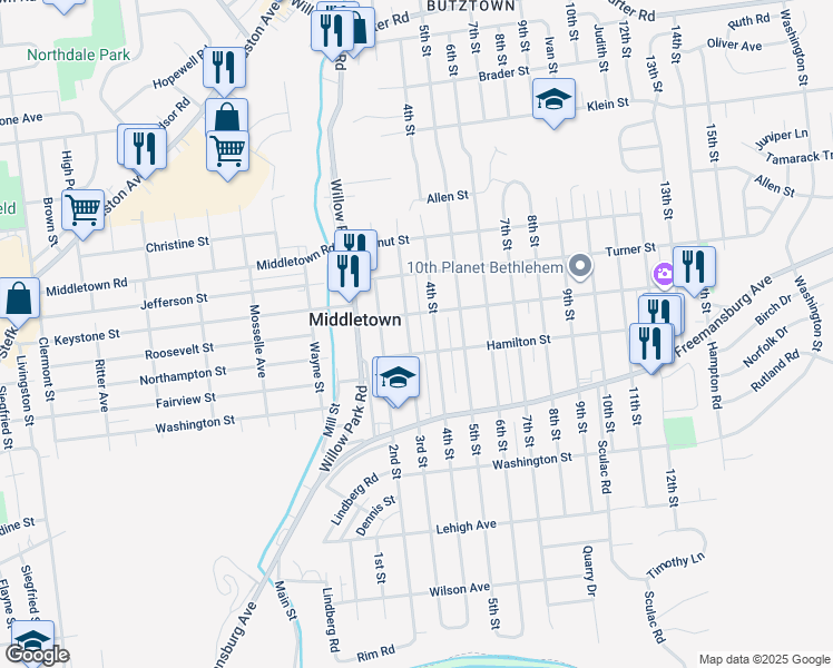 map of restaurants, bars, coffee shops, grocery stores, and more near 1920 3rd Street in Bethlehem