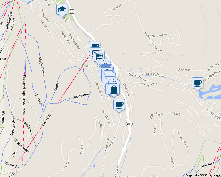 map of restaurants, bars, coffee shops, grocery stores, and more near 424 Main St in Park City