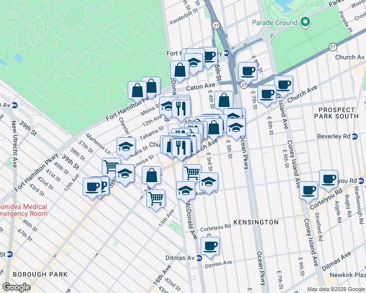 map of restaurants, bars, coffee shops, grocery stores, and more near 421 McDonald Avenue in Brooklyn