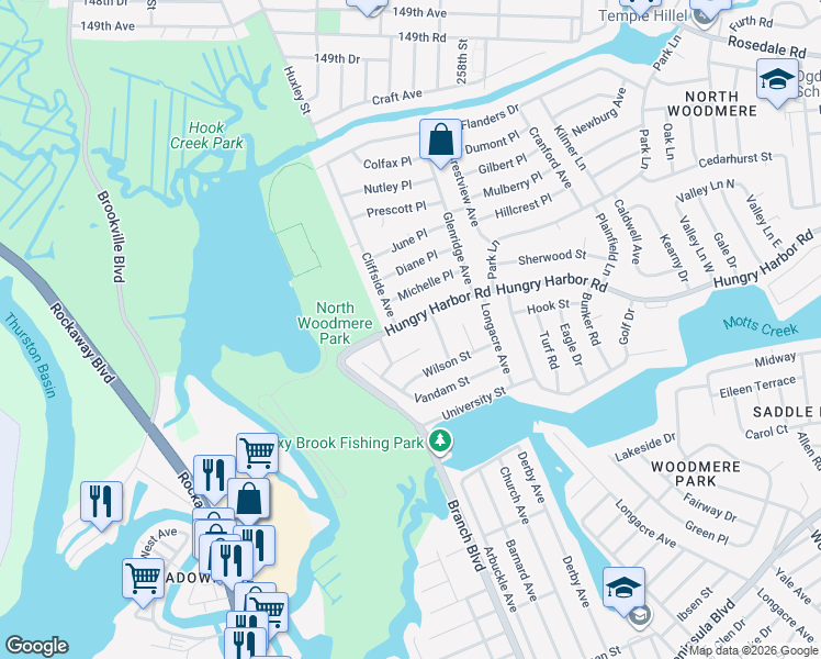 map of restaurants, bars, coffee shops, grocery stores, and more near 801 Daniel Street in Valley Stream