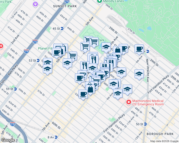 map of restaurants, bars, coffee shops, grocery stores, and more near 7th Ave & 48th St in Brooklyn