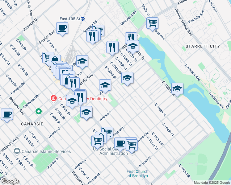 map of restaurants, bars, coffee shops, grocery stores, and more near 1023 East 102nd Street in Brooklyn