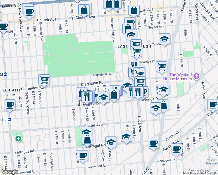map of restaurants, bars, coffee shops, grocery stores, and more near 704 East 46th Street in Brooklyn