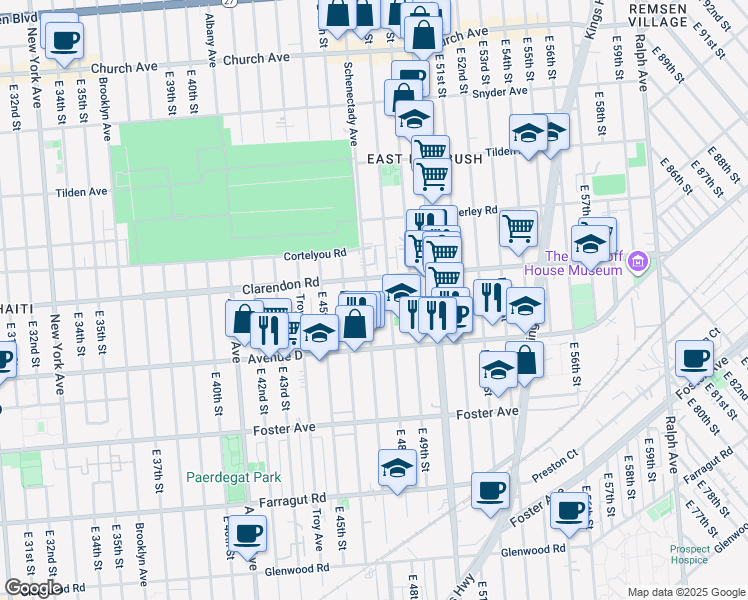 map of restaurants, bars, coffee shops, grocery stores, and more near 1195 Schenectady Avenue in Brooklyn