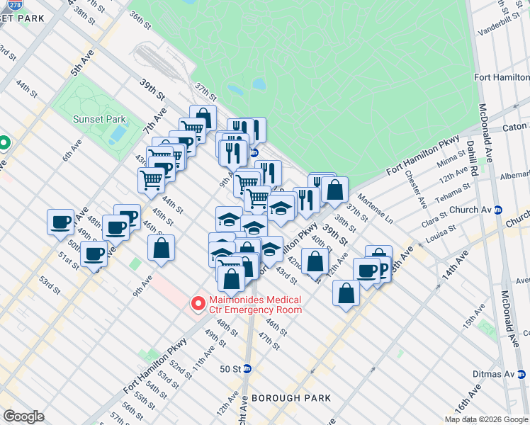 map of restaurants, bars, coffee shops, grocery stores, and more near 4019 10th Avenue in Brooklyn