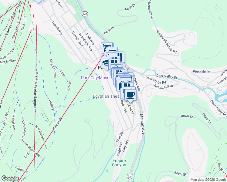 map of restaurants, bars, coffee shops, grocery stores, and more near 465 Main Street in Park City
