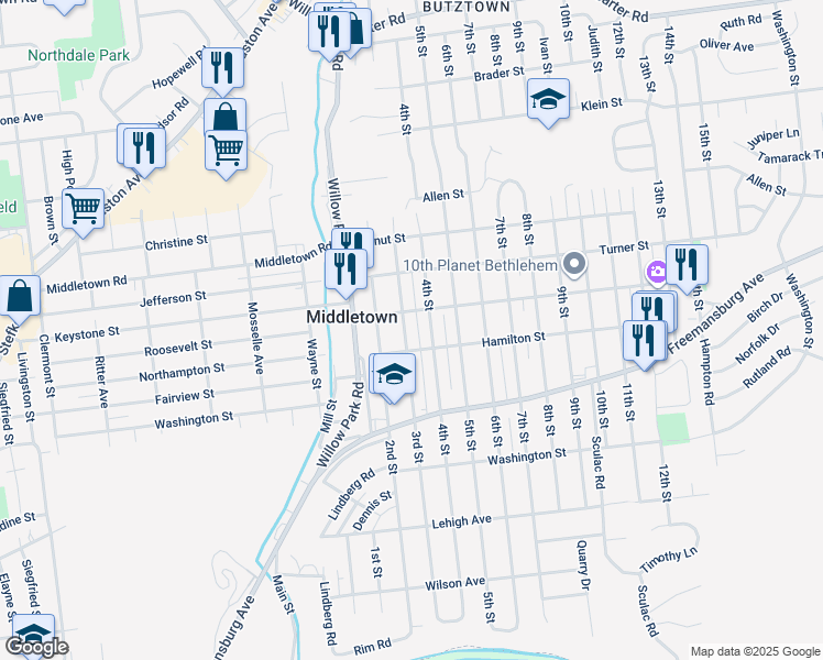 map of restaurants, bars, coffee shops, grocery stores, and more near 1920 3rd Street in Bethlehem