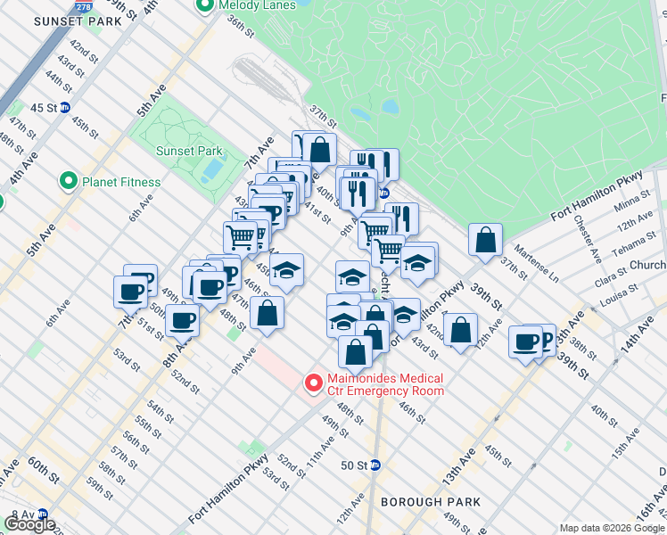 map of restaurants, bars, coffee shops, grocery stores, and more near 902 42nd Street in Brooklyn