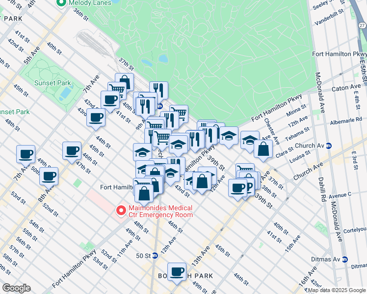 map of restaurants, bars, coffee shops, grocery stores, and more near 1036 39th Street in Brooklyn
