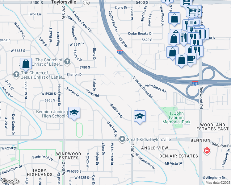 map of restaurants, bars, coffee shops, grocery stores, and more near 2322 West Surrey Road in Salt Lake City