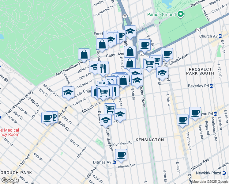 map of restaurants, bars, coffee shops, grocery stores, and more near 207 Church Avenue in Brooklyn