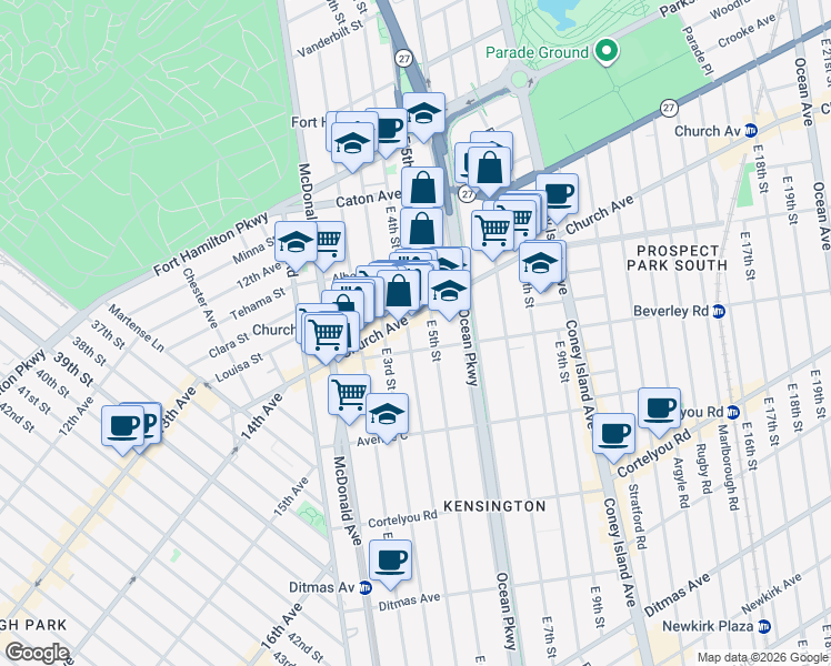 map of restaurants, bars, coffee shops, grocery stores, and more near 421 Church Avenue in Brooklyn
