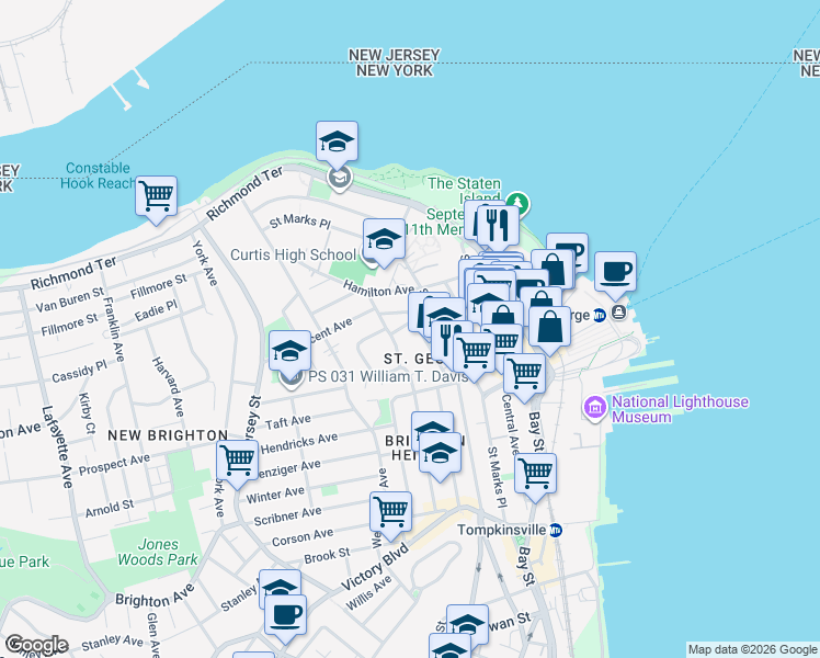 map of restaurants, bars, coffee shops, grocery stores, and more near 37 Belmont Place in Staten Island