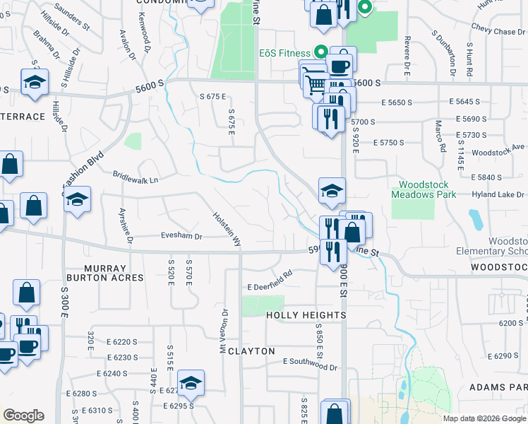 map of restaurants, bars, coffee shops, grocery stores, and more near 715 Erekson View Circle in Murray
